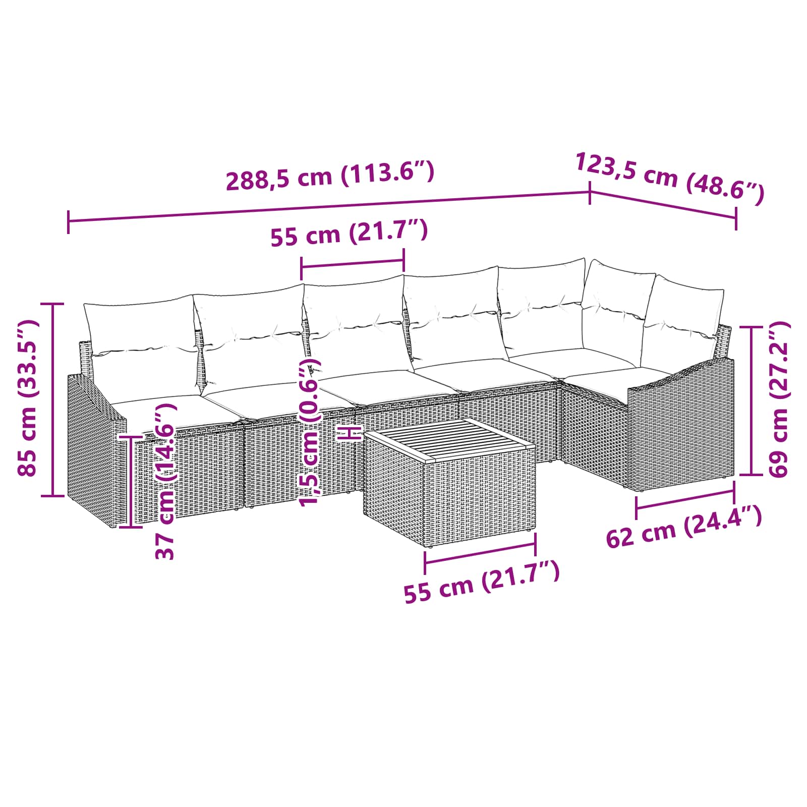Tuinbankenset met kussen 7 pcs Zwart poly rattan