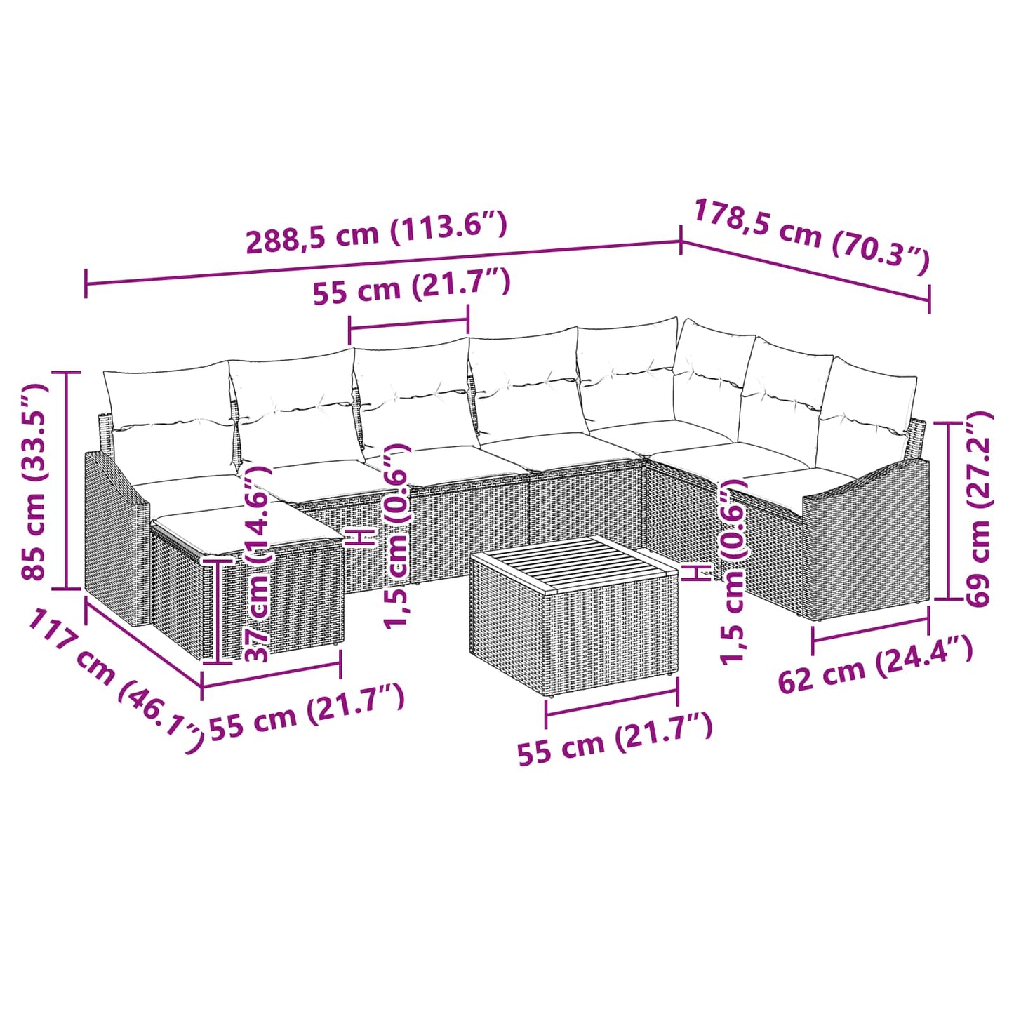 Tuinbankenset met kussen 9 pcs Zwart poly rattan