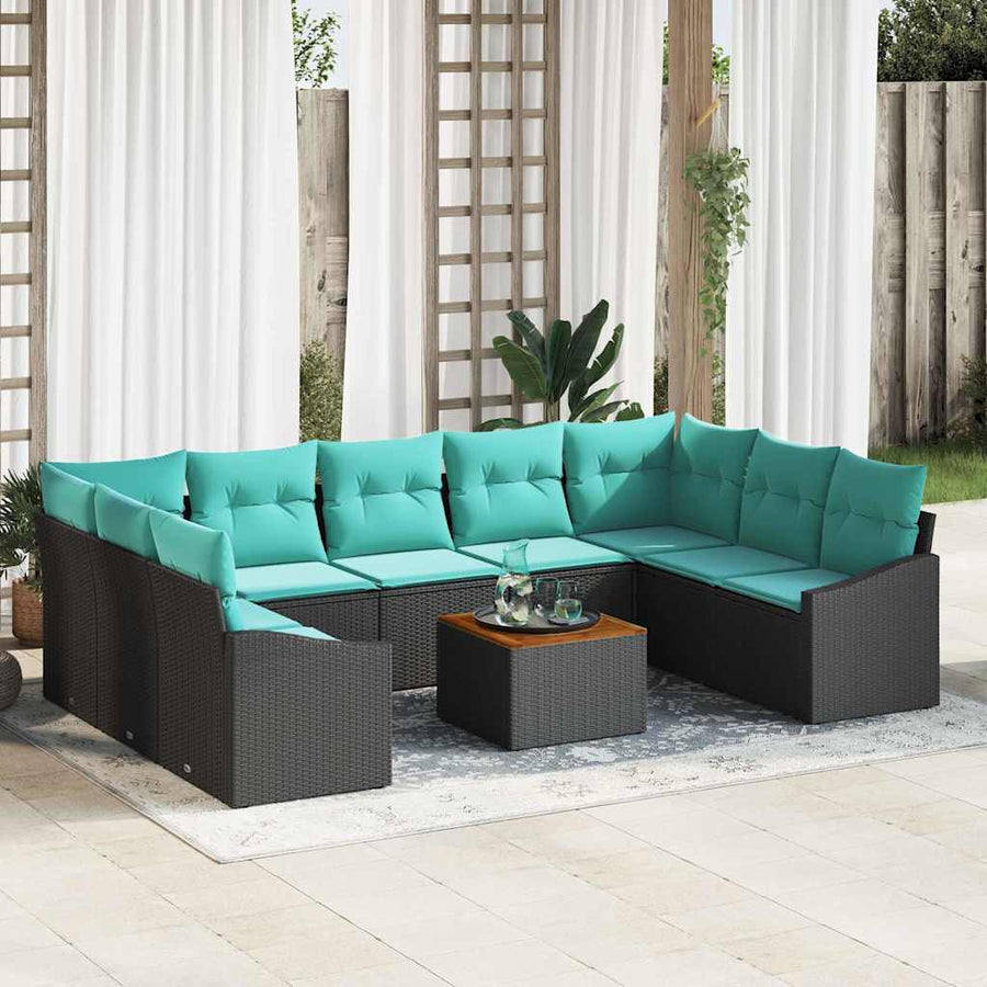 Tuinbankenset met kussen 10 pcs Zwart poly rattan
