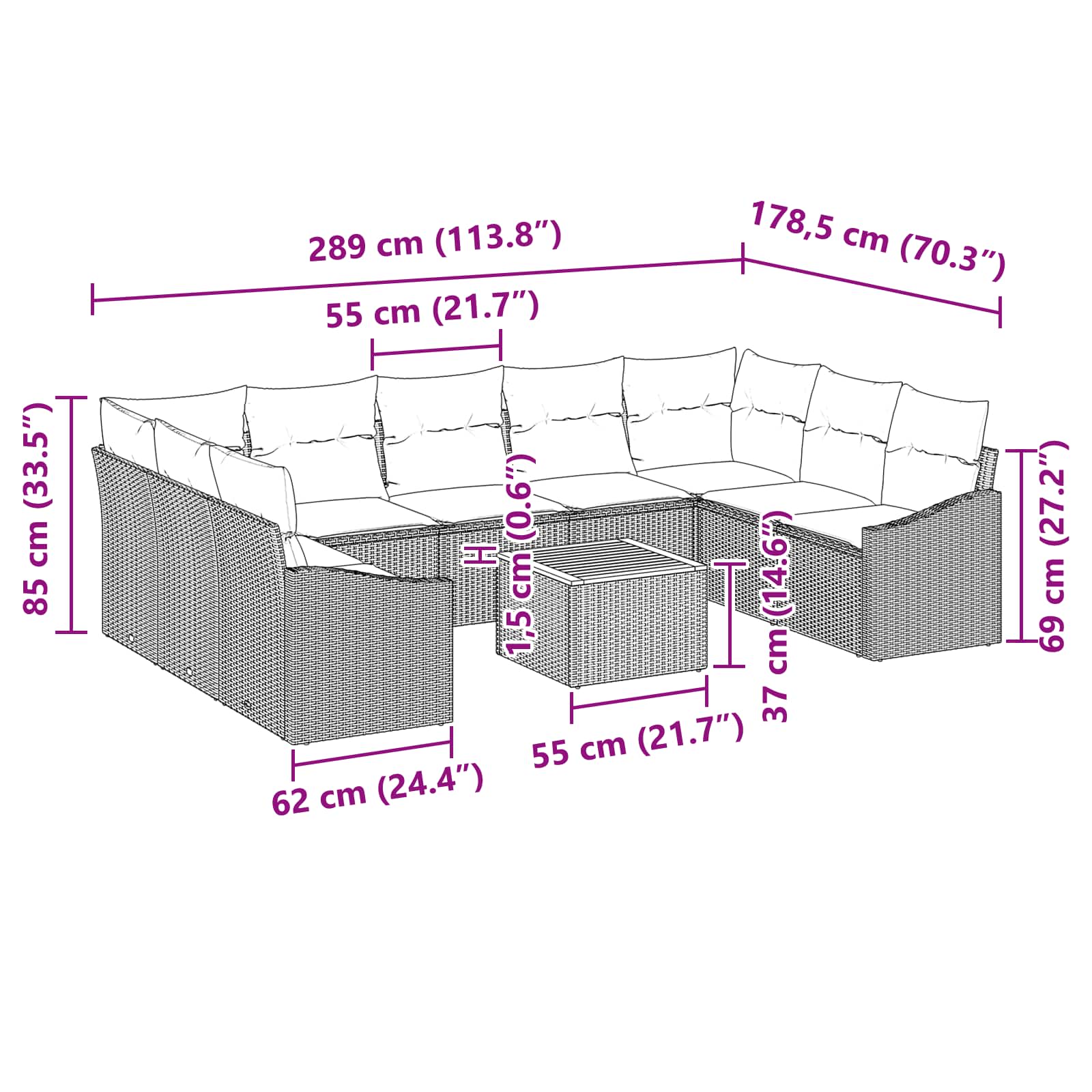 Tuinbankenset met kussen 10 pcs Zwart poly rattan