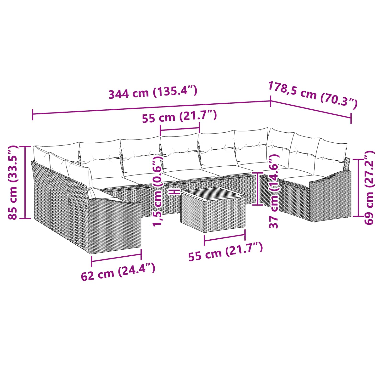 Tuinbankenset met kussen 11 pcs Zwart poly rattan