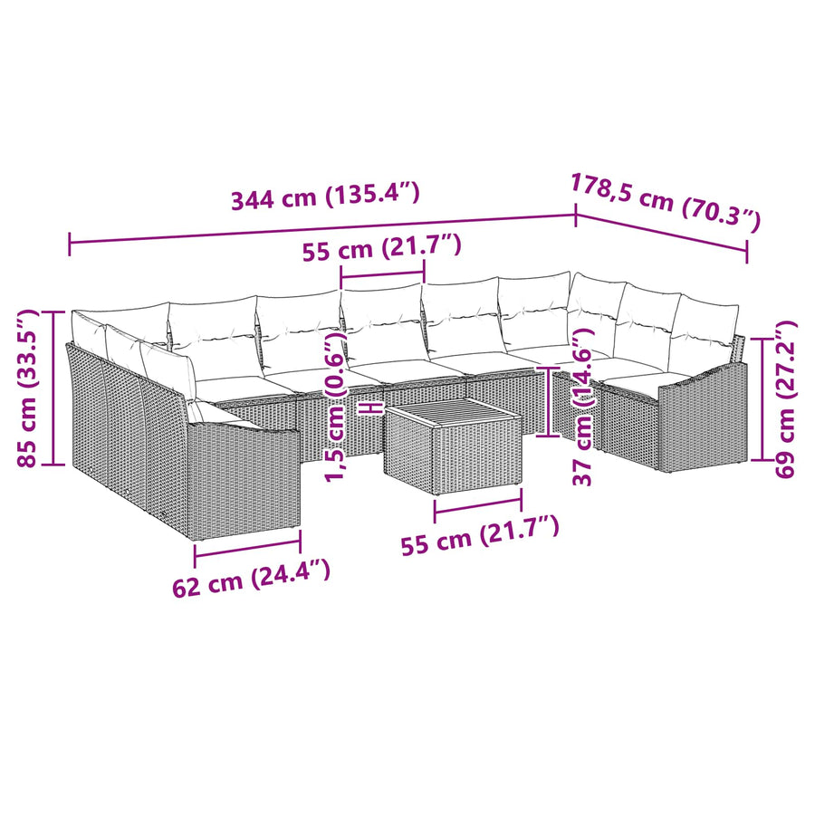 Tuinbankenset met kussen 11 pcs Zwart poly rattan