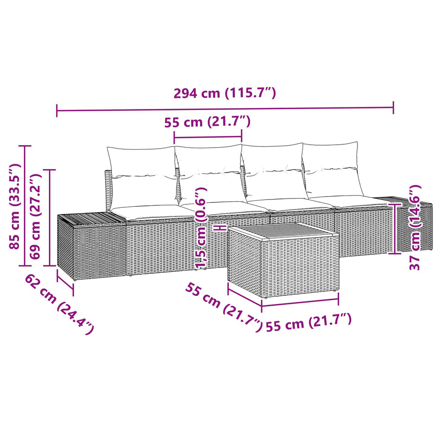 Tuinbankenset met kussen 5 pcs Zwart poly rattan
