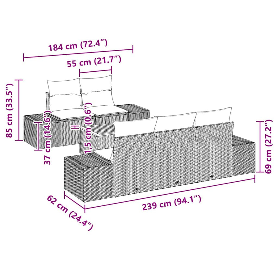 Tuinbankenset met kussen 6 pcs Zwart poly rattan