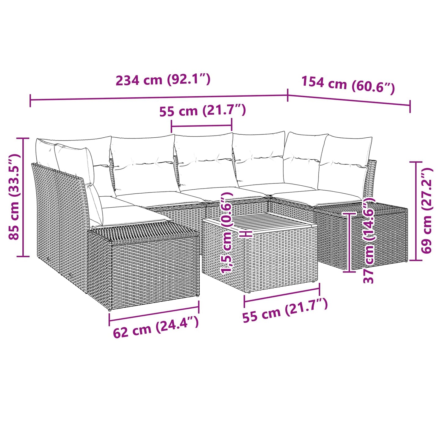 Tuinbankenset met kussen 7 pcs Zwart poly rattan