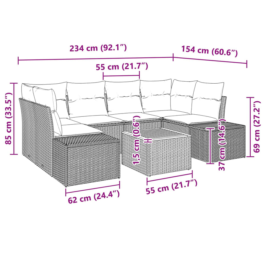 Tuinbankenset met kussen 7 pcs Zwart poly rattan
