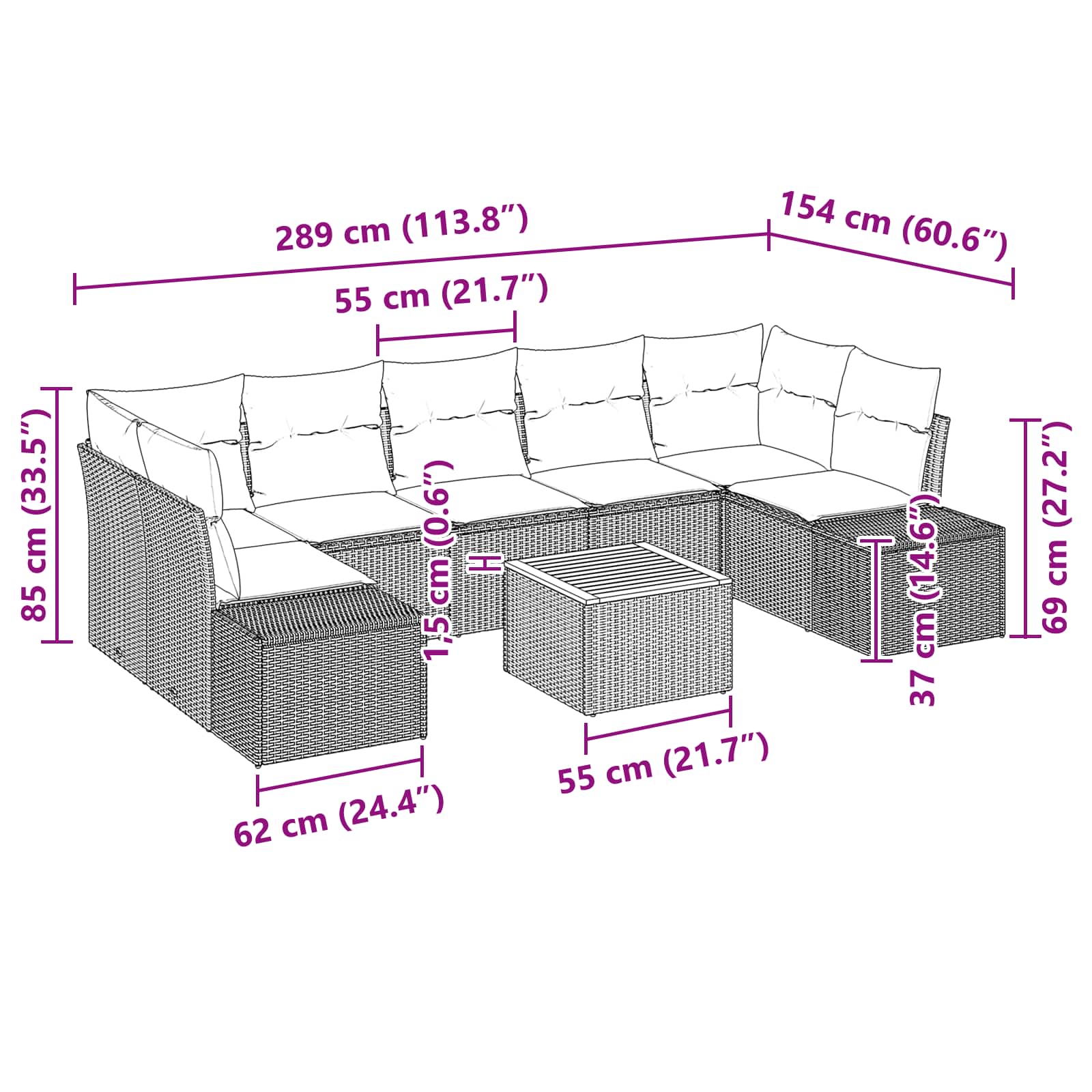 Tuinbankenset met kussen 8 pcs Zwart poly rattan