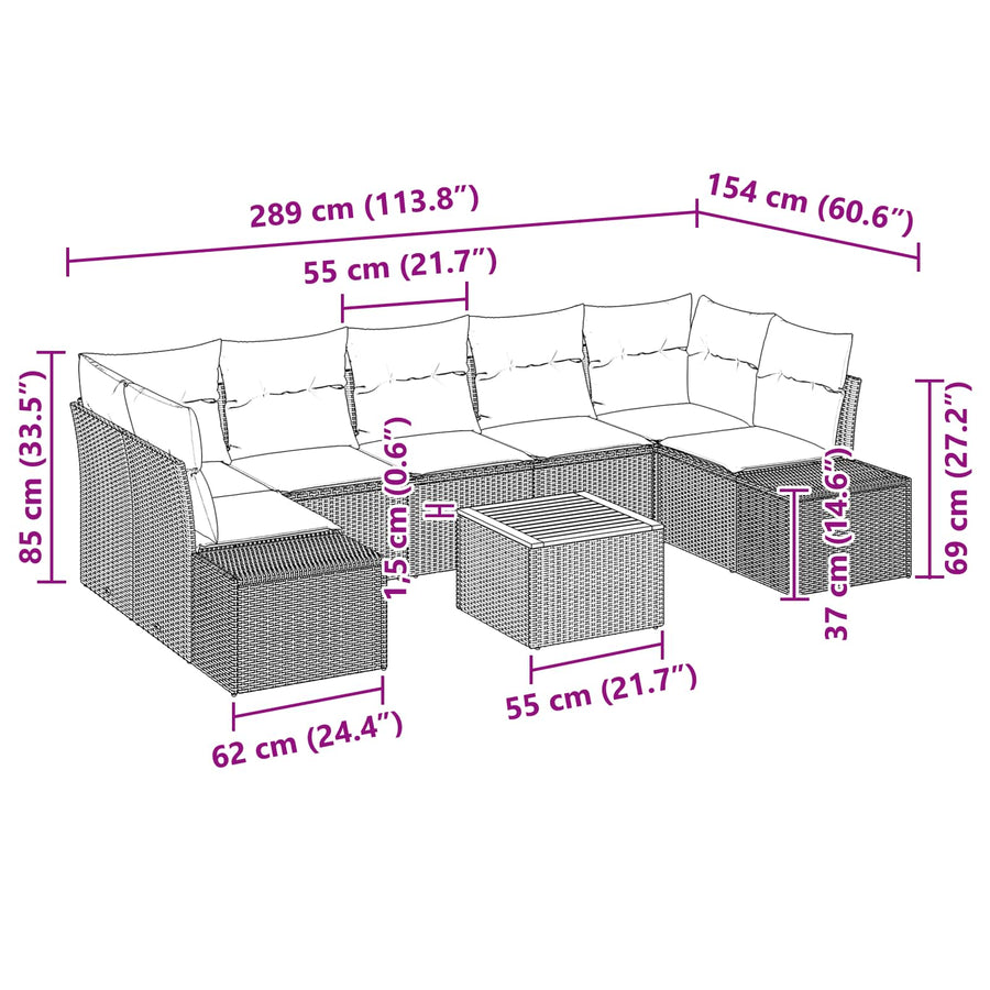 Tuinbankenset met kussen 8 pcs Zwart poly rattan