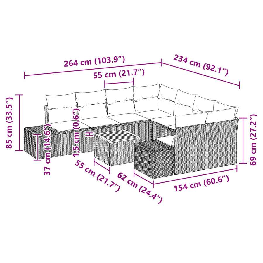 Tuinbankenset met kussen 9 pcs Zwart poly rattan