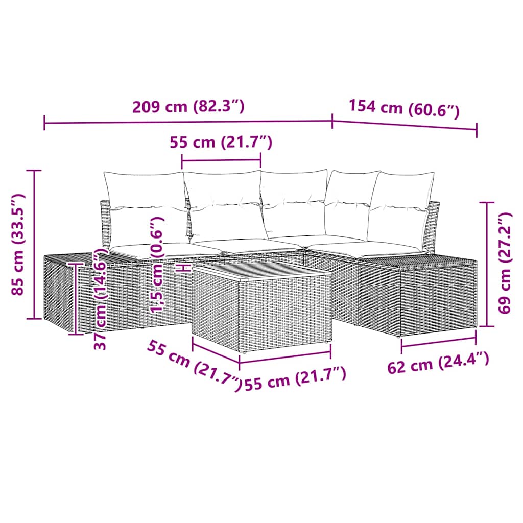Tuinbankenset met kussen 5 pcs Zwart poly rattan