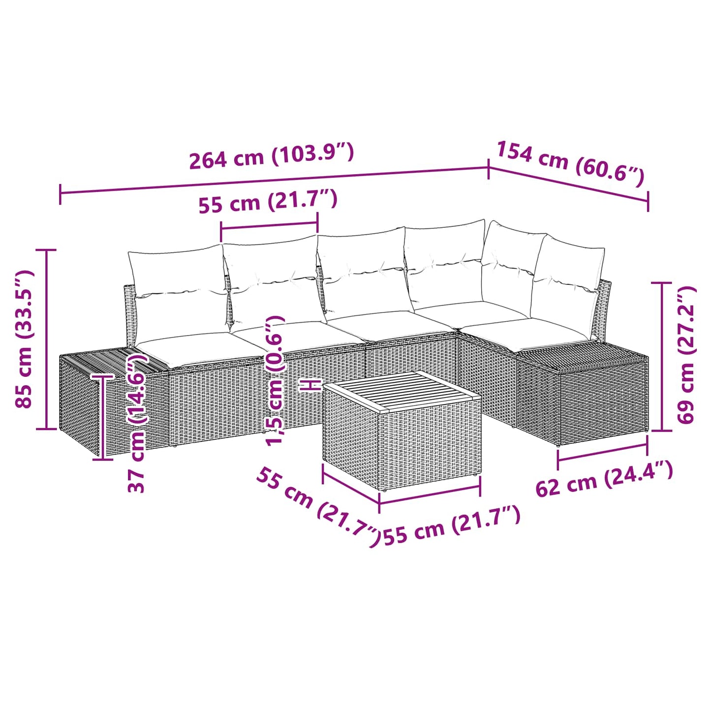 Tuinbankenset met kussen 6 pcs Zwart poly rattan
