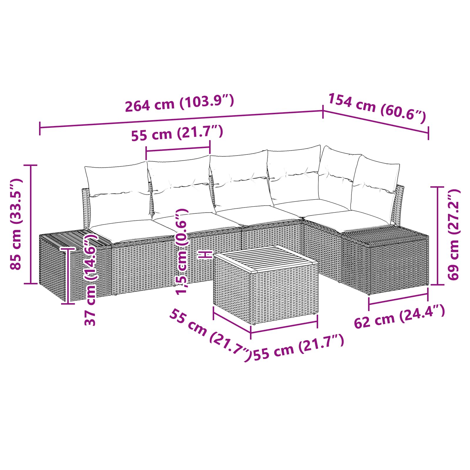 Tuinbankenset met kussen 6 pcs Zwart poly rattan
