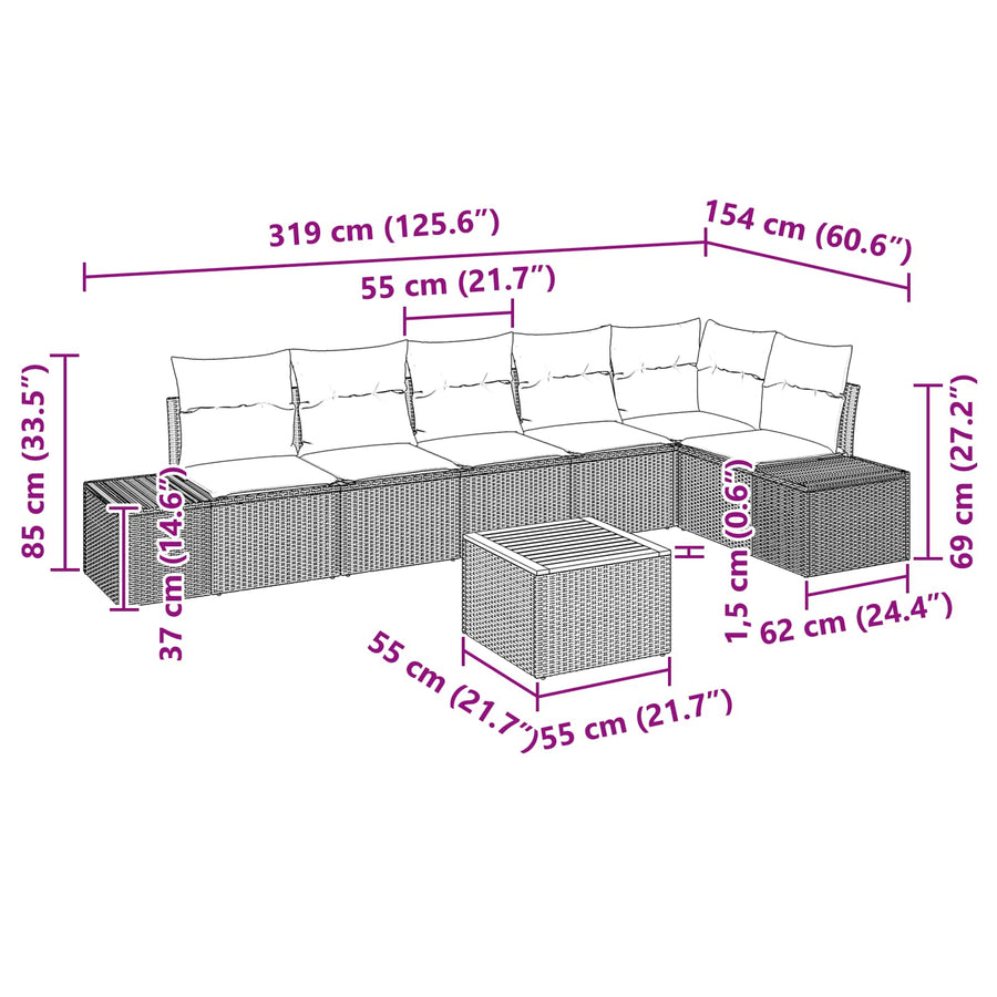 Tuinbankenset met kussen 7 pcs Zwart poly rattan