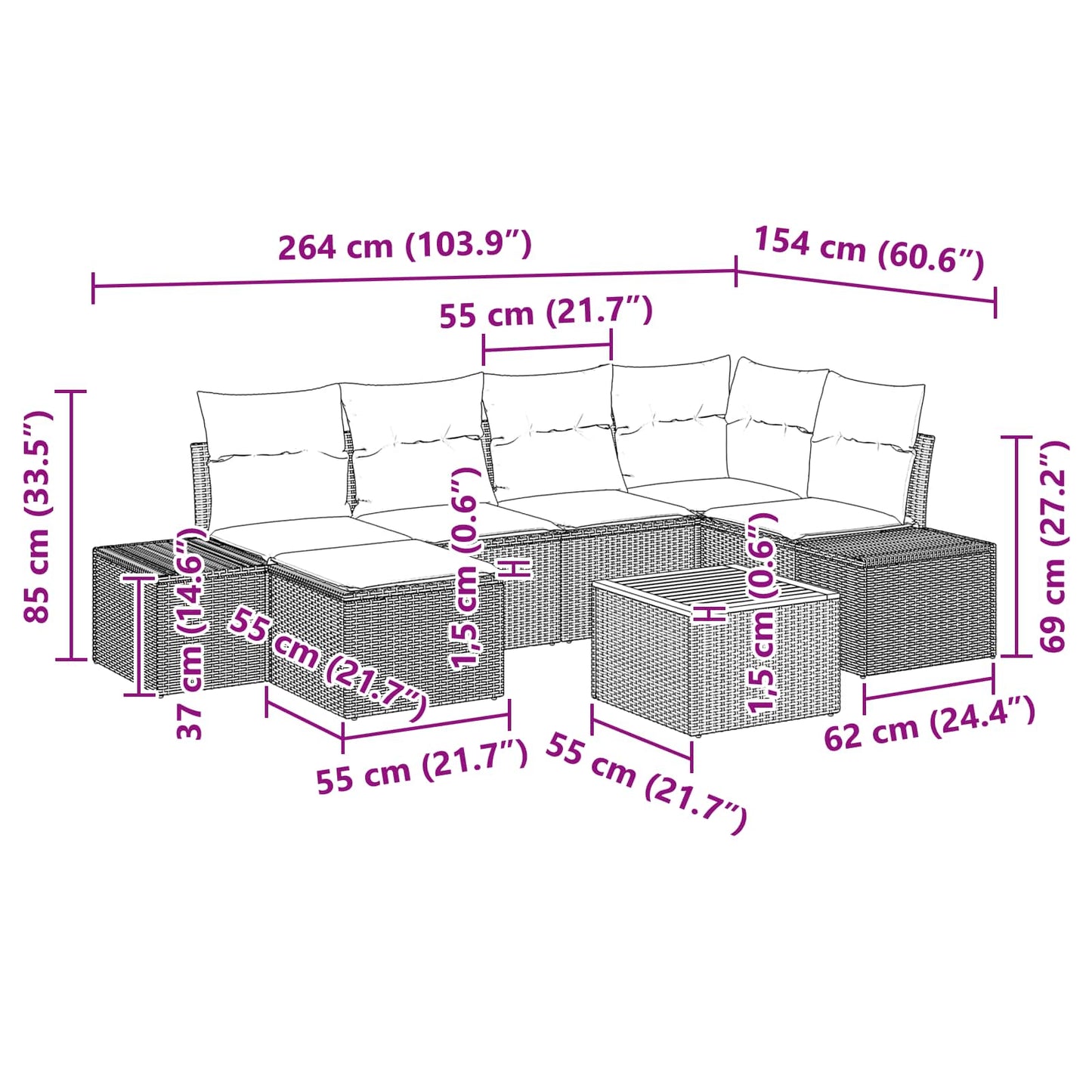 Tuinbankenset met kussen 7 pcs Zwart poly rattan