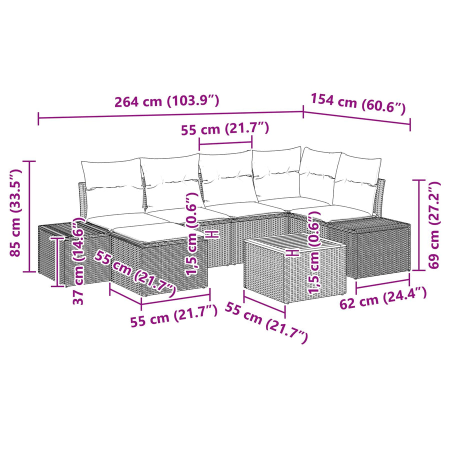 Tuinbankenset met kussen 7 pcs Zwart poly rattan