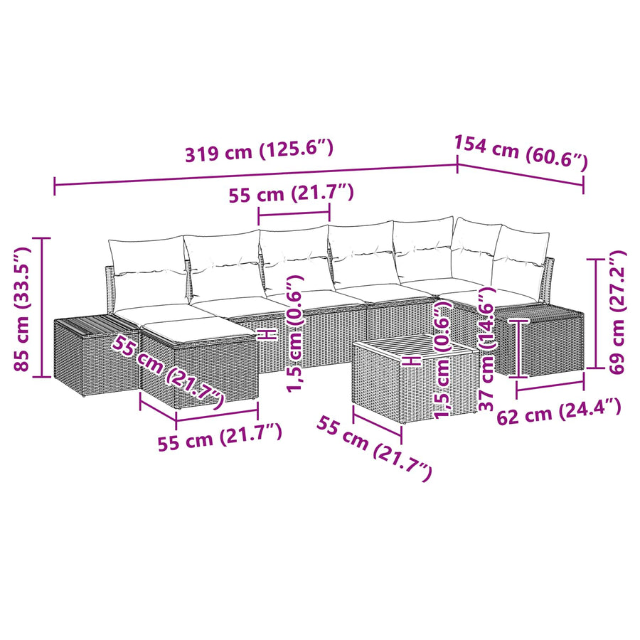 Tuinbankenset met kussen 8 pcs Zwart poly rattan