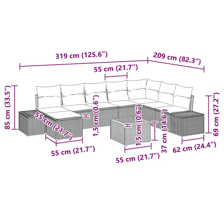Tuinbankenset met kussen 9 pcs Zwart poly rattan