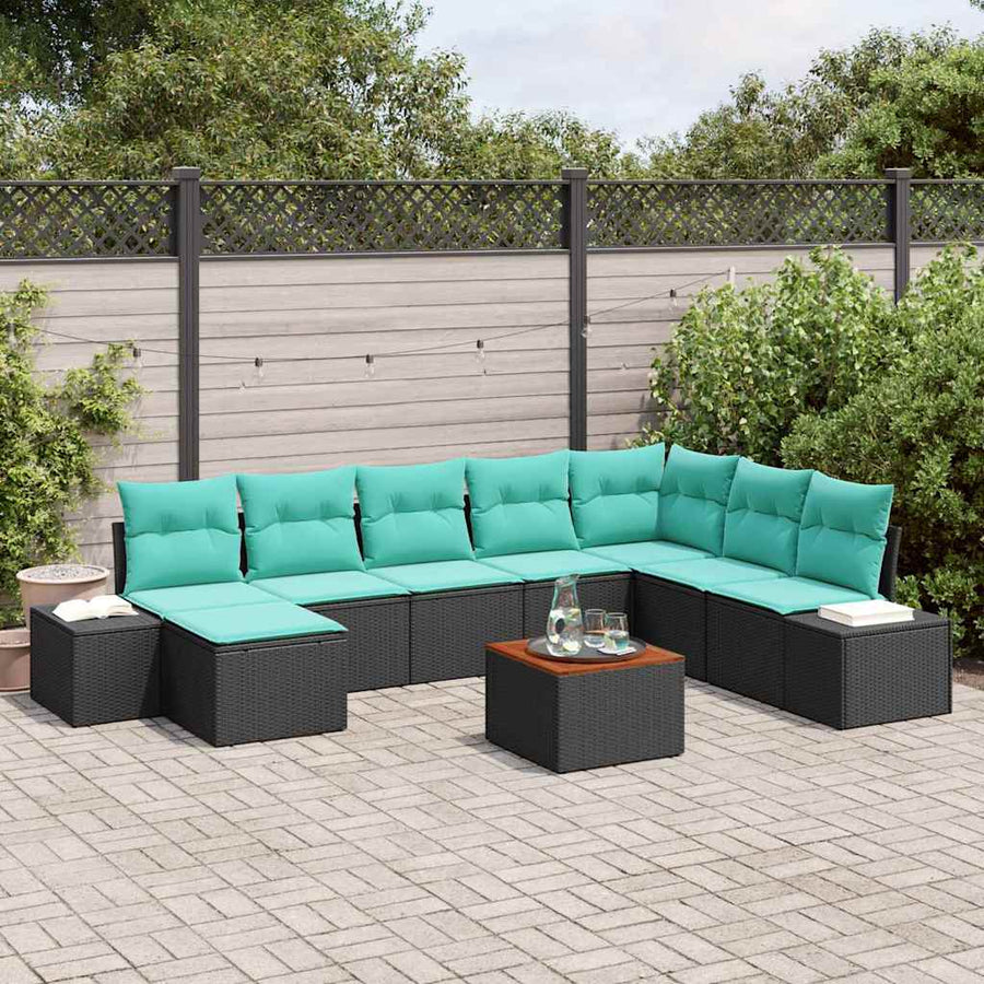 Tuinbankenset met kussen 9 pcs Zwart poly rattan