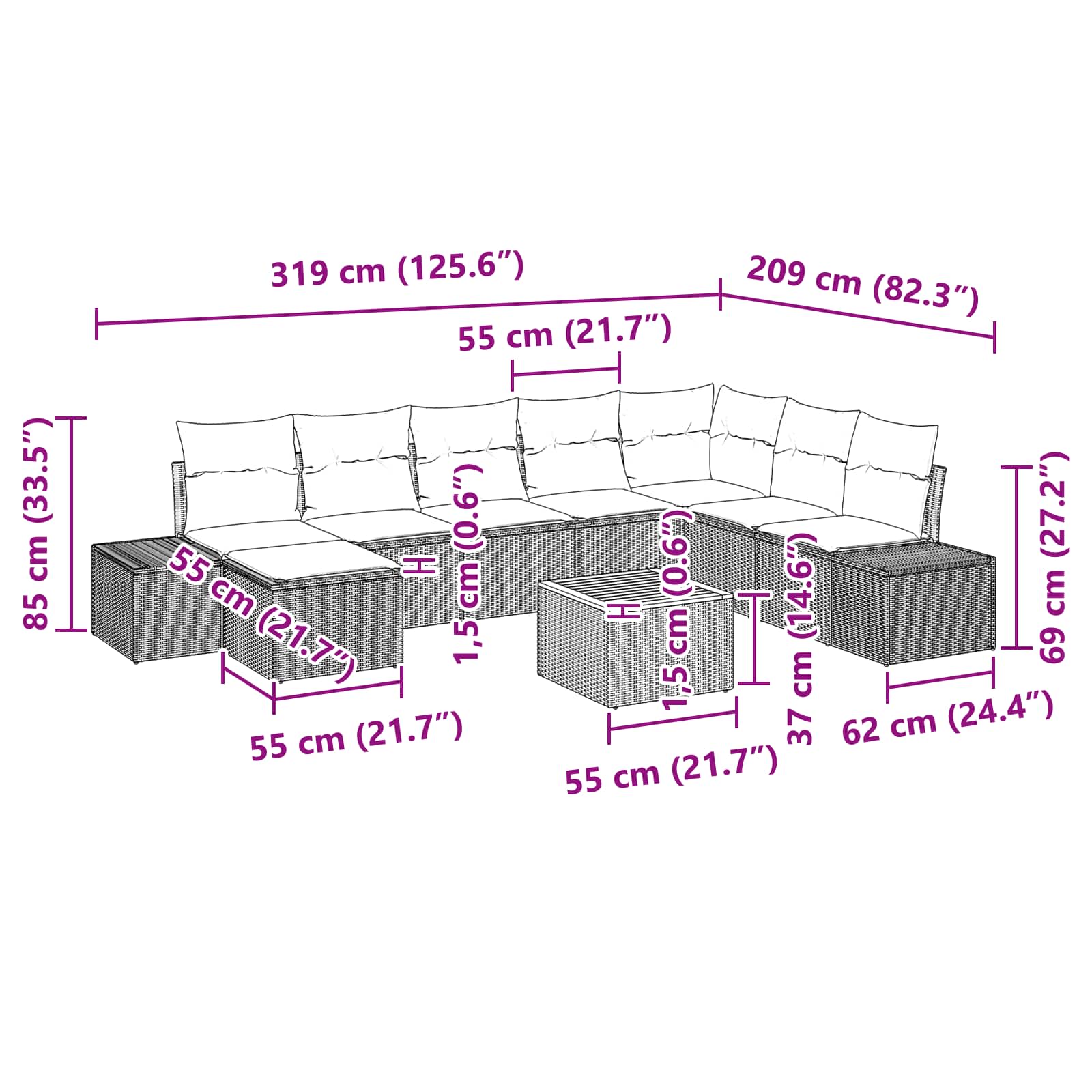Tuinbankenset met kussen 9 pcs Zwart poly rattan