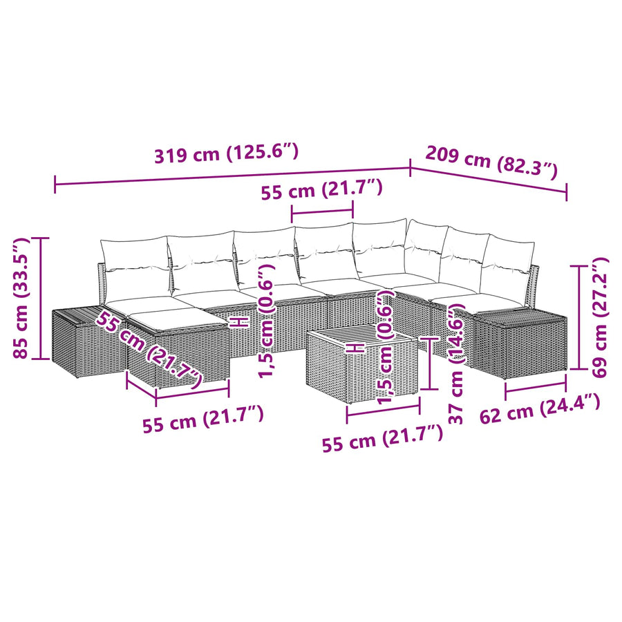 Tuinbankenset met kussen 9 pcs Zwart poly rattan