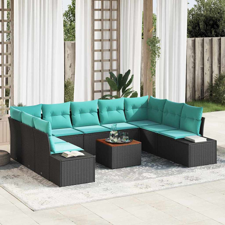 Tuinbankenset met kussen 10 pcs Zwart poly rattan