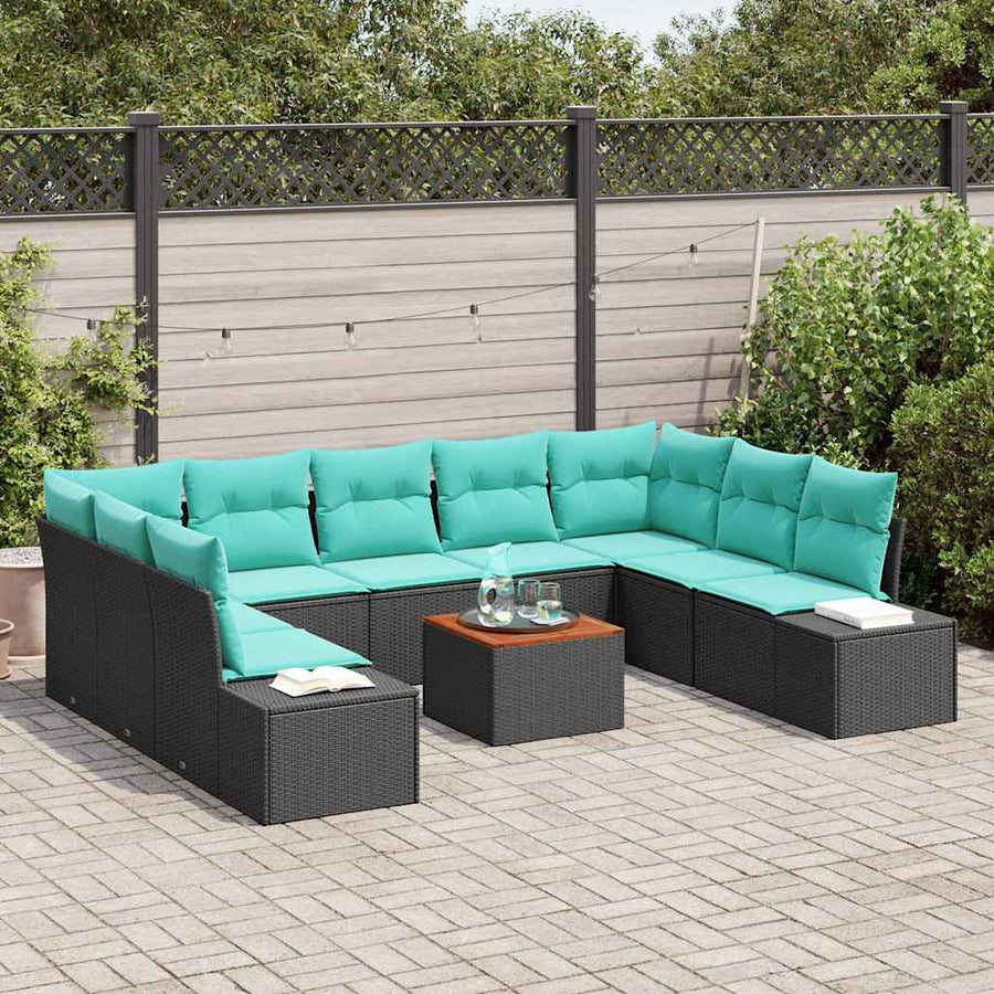 Tuinbankenset met kussen 10 pcs Zwart poly rattan