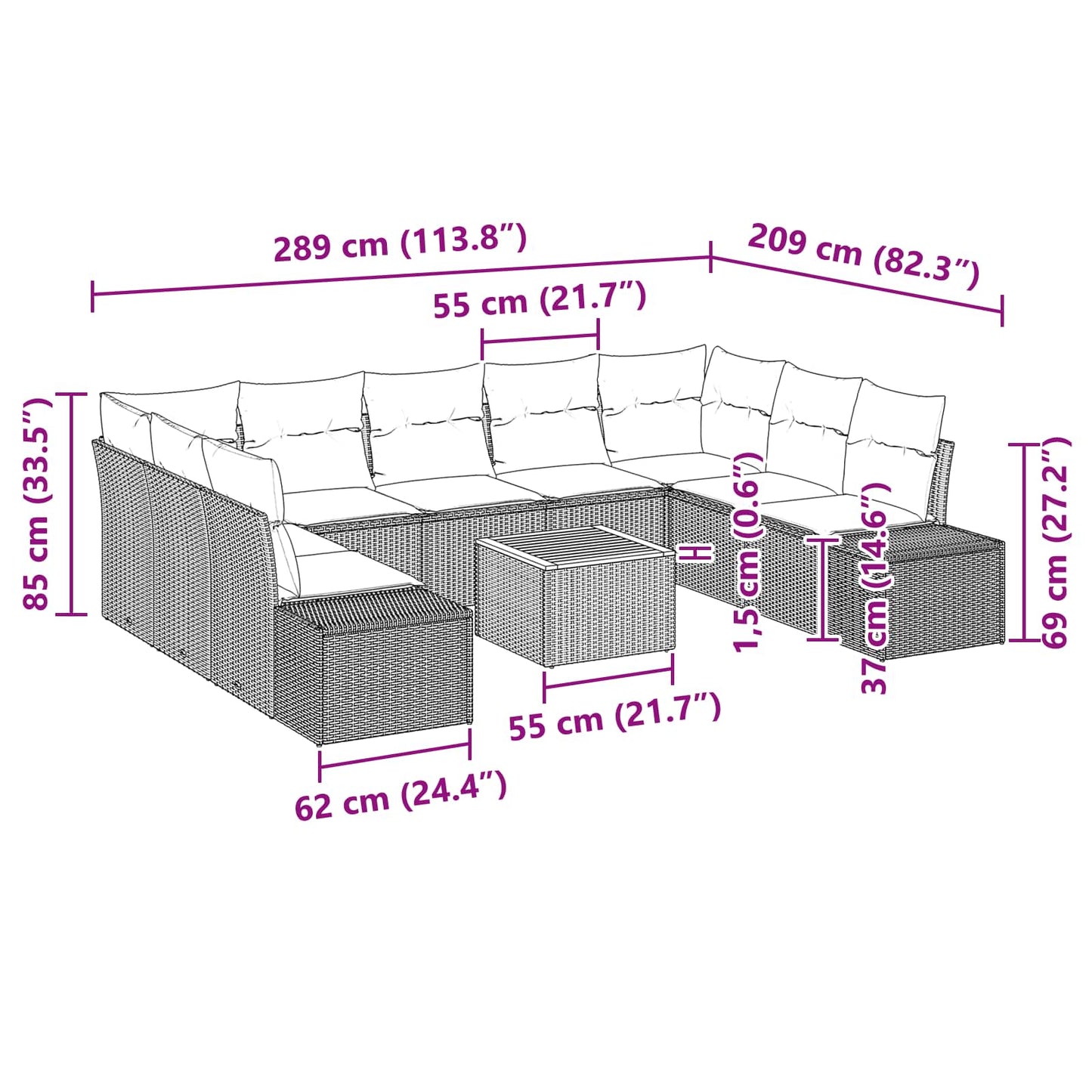 Tuinbankenset met kussen 10 pcs Zwart poly rattan