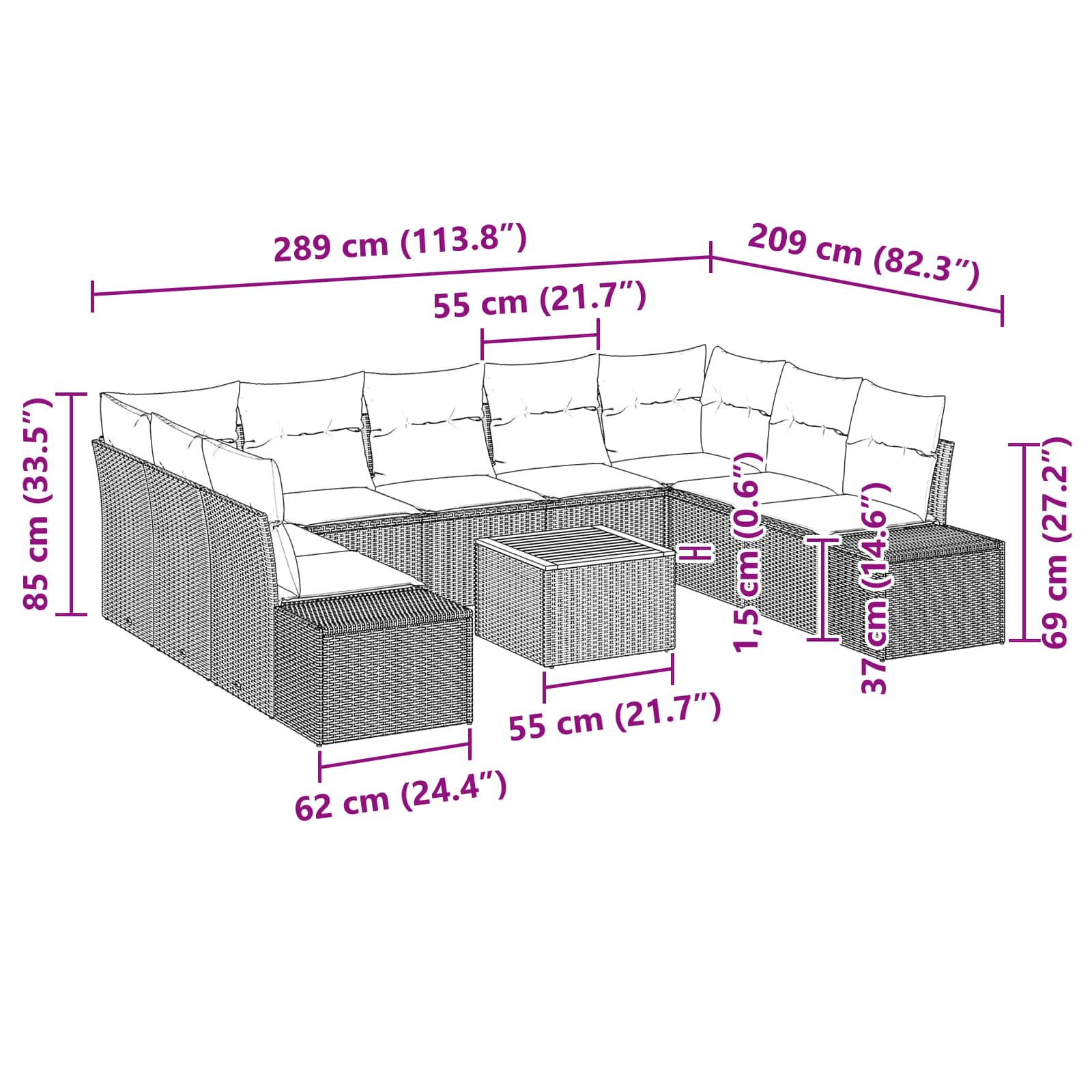 Tuinbankenset met kussen 10 pcs Zwart poly rattan