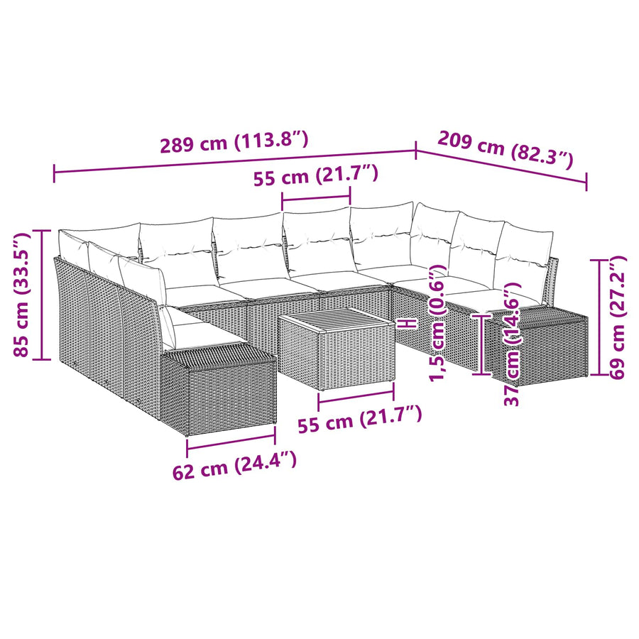 Tuinbankenset met kussen 10 pcs Zwart poly rattan