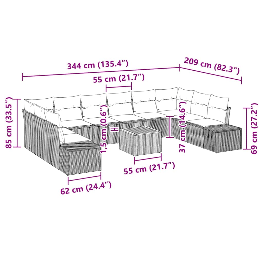 Tuinbankenset met kussen 11 pcs Grijs poly rattan