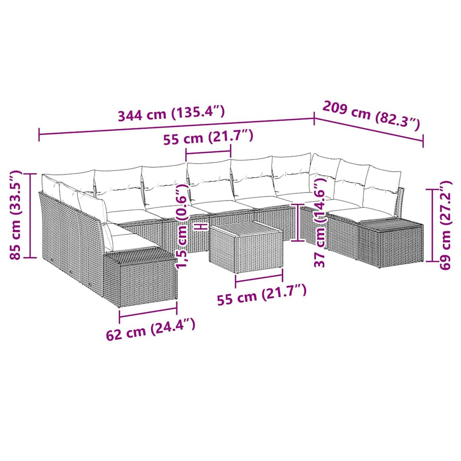 Tuinbankenset met kussen 11 pcs Grijs poly rattan