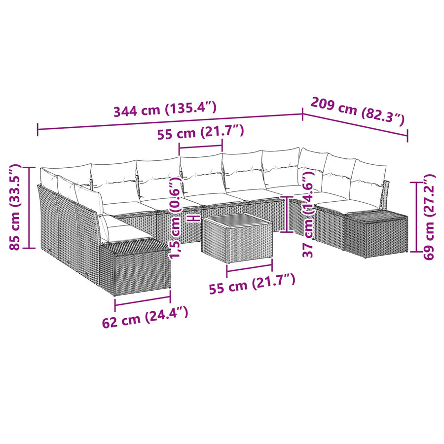 Tuinbankenset met kussen 11 pcs Zwart poly rattan