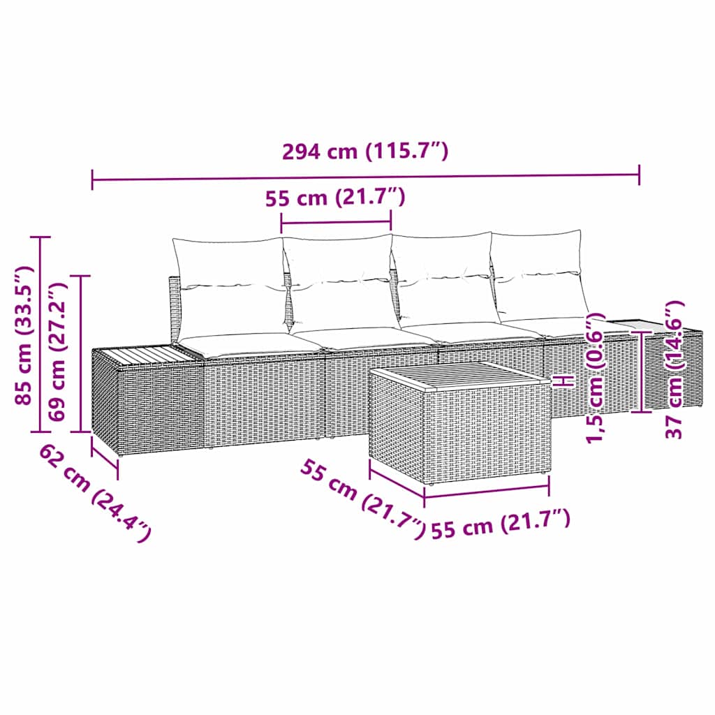 Tuinbankenset met kussen 5 pcs Grijs Poly riet