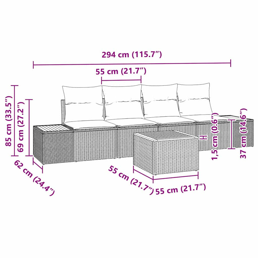 Tuinbankenset met kussen 5 pcs Grijs Poly riet