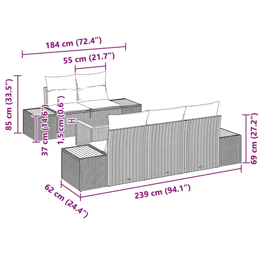 Tuinbankenset met kussen 6 pcs Beige Poly riet