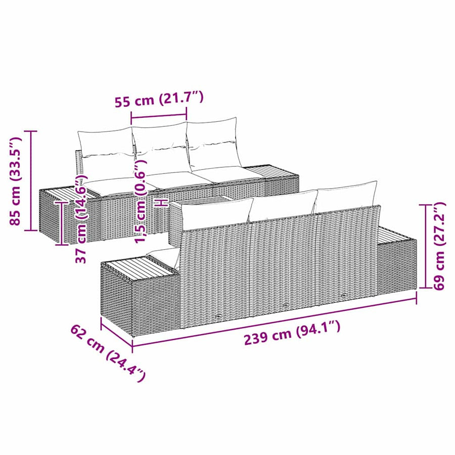 Tuinbankenset met kussen 7 pcs Grijs Poly riet