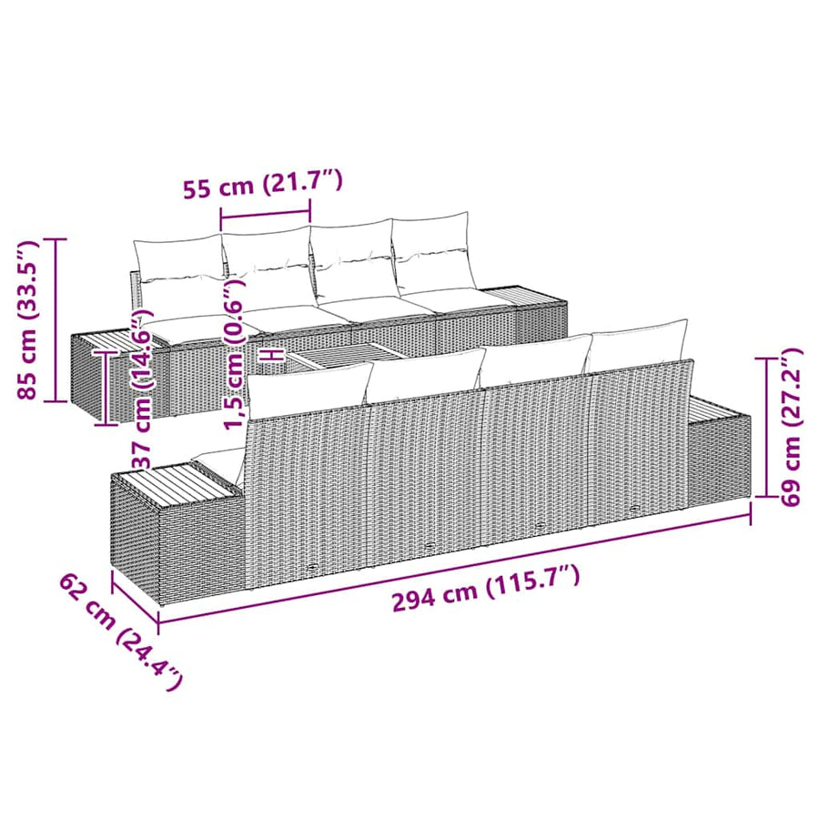 Tuinbankenset met kussen 9 pcs Grijs Poly riet