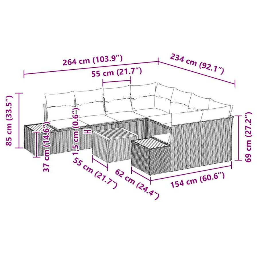 Tuinbankenset met kussen 9 pcs Zwart Poly riet