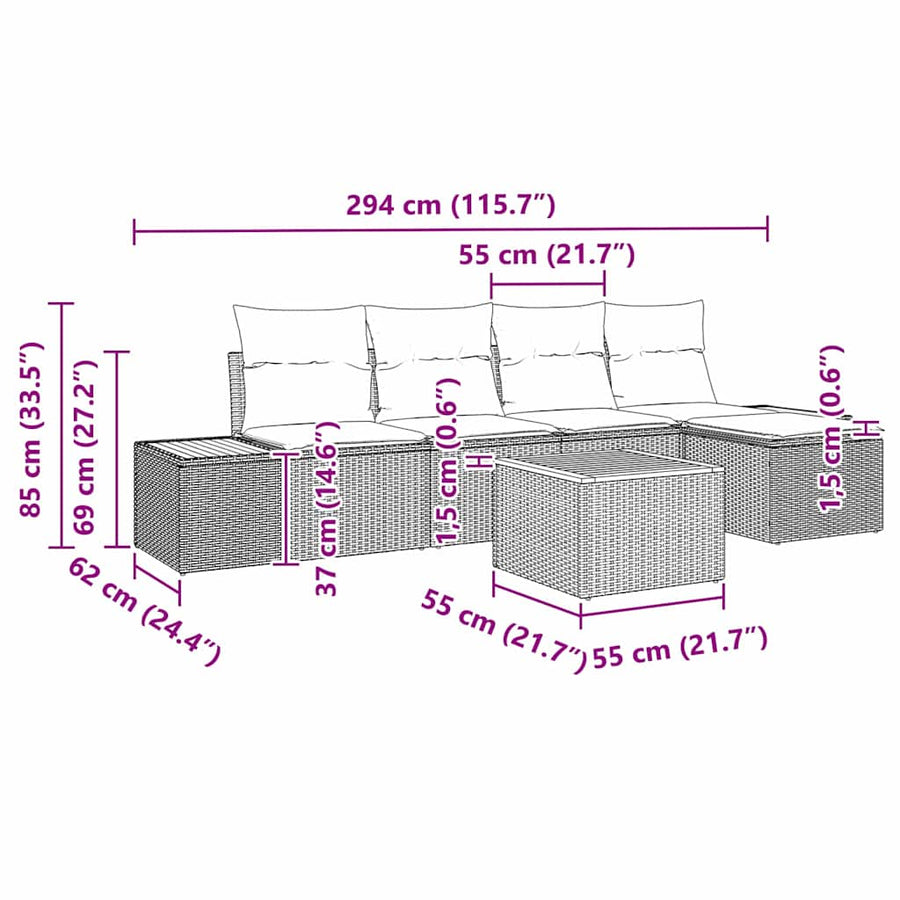 Tuinbankenset met kussen 6 pcs Zwart Poly riet