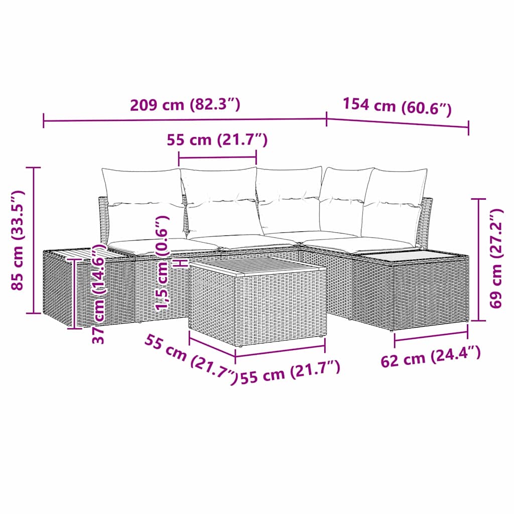 Tuinbankenset met kussen 5 pcs Zwart Poly riet