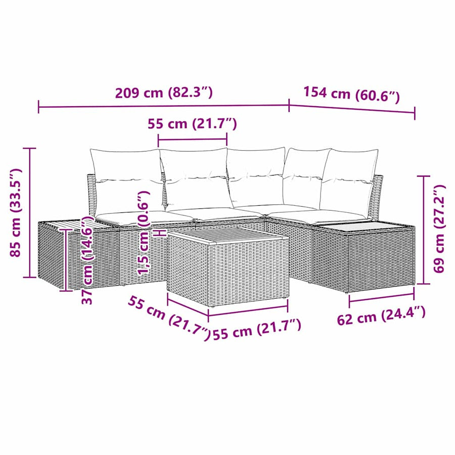 Tuinbankenset met kussen 5 pcs Beige Poly riet