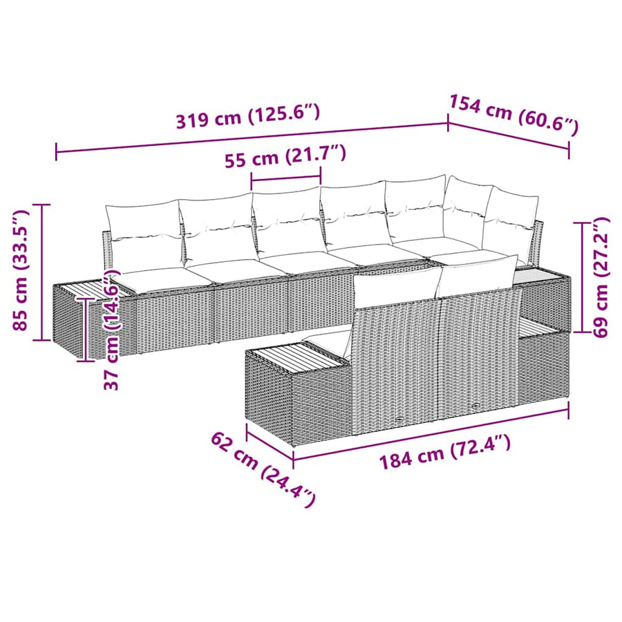 Tuinbankenset met kussen 8 pcs Beige Poly riet