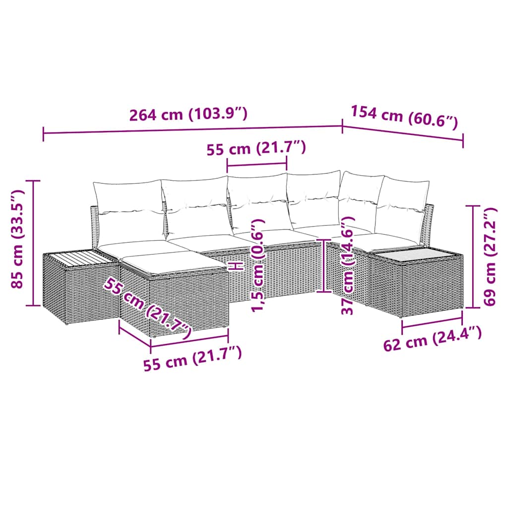 Tuin Sofa Set met kussen 6 pcs Zwart poly rattan