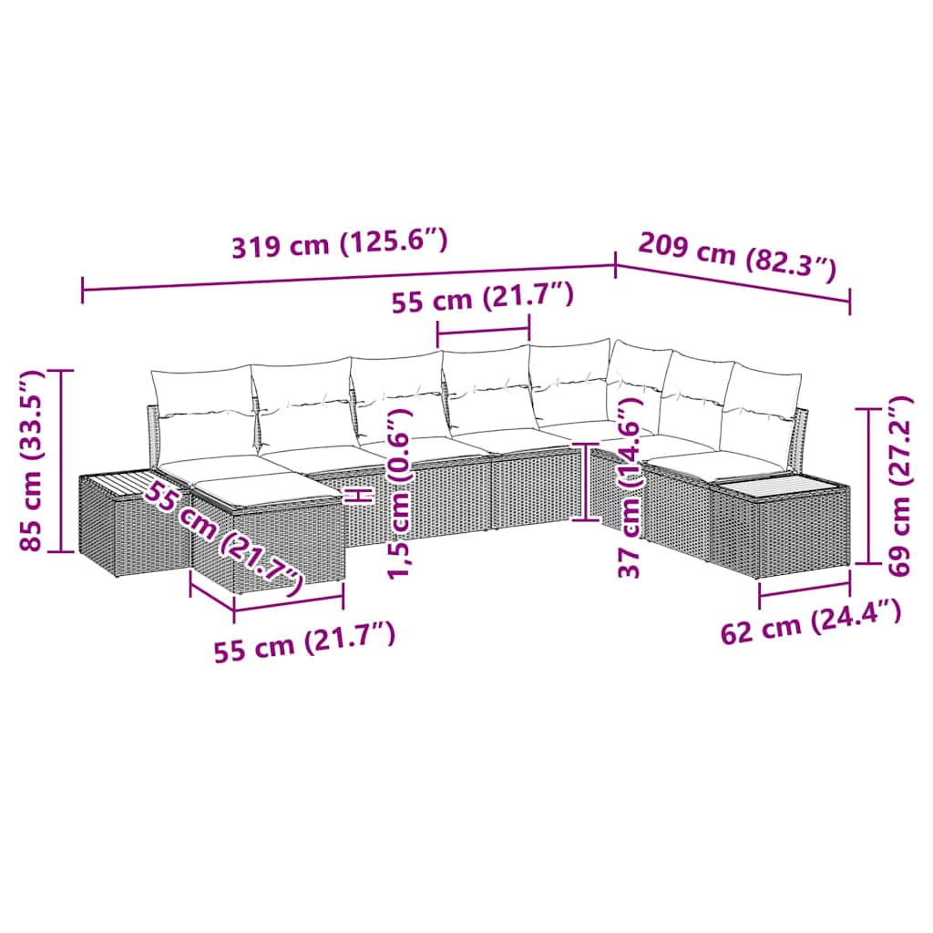 Tuinbankenset met kussen 8 pcs Zwart Poly riet