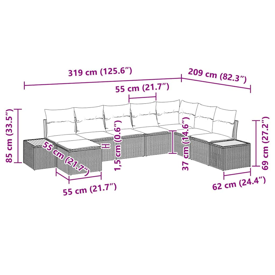 Tuinbankenset met kussen 8 pcs Zwart Poly riet