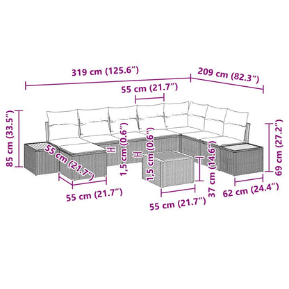 Tuinbankenset met kussen 9 pcs Grijs Poly riet
