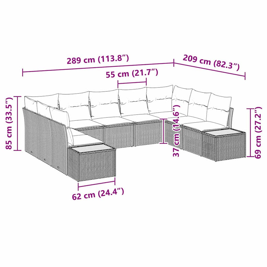 Tuinbankenset met kussen 9 pcs Beige Poly riet