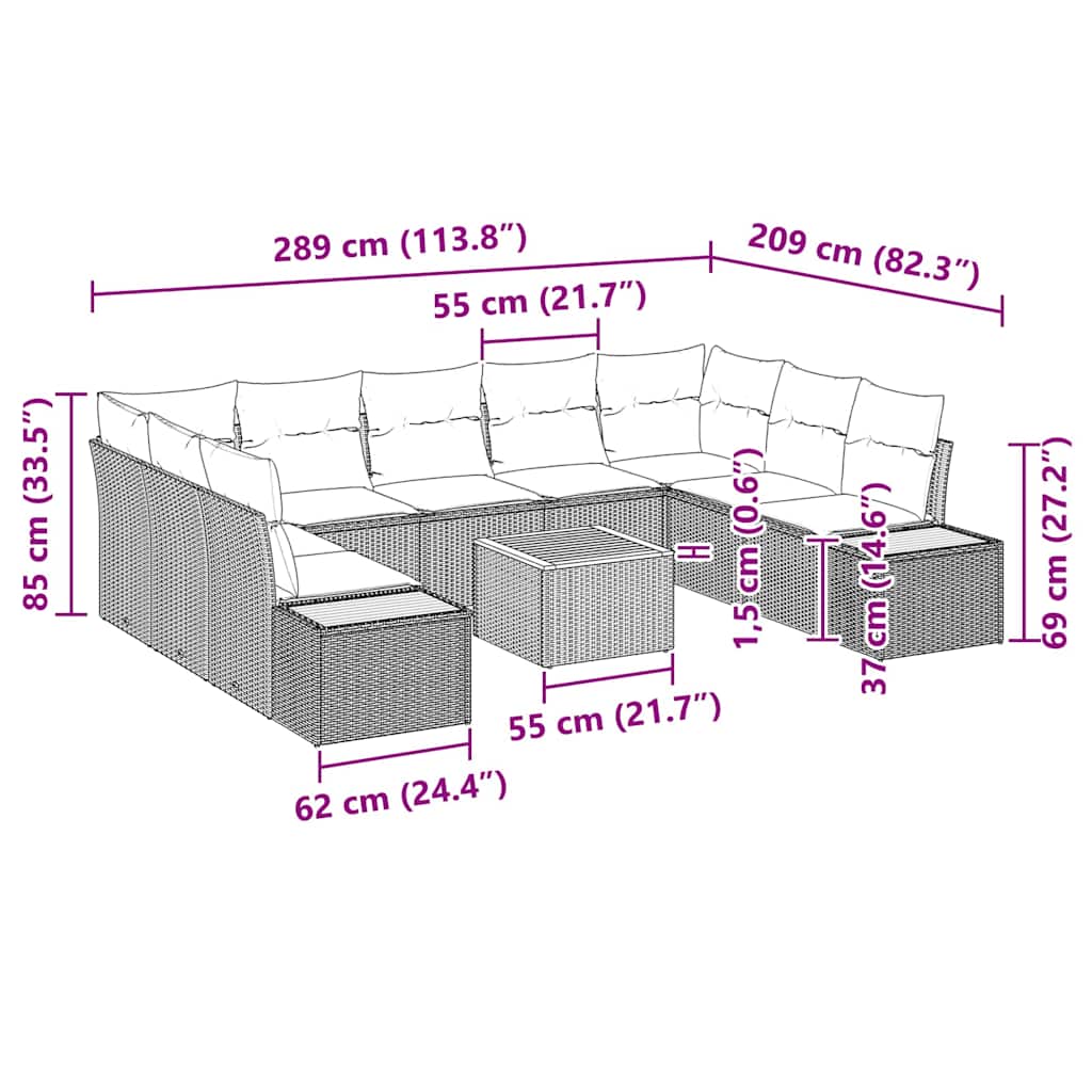 Tuinbankenset met kussen 10 pcs Beige Poly riet