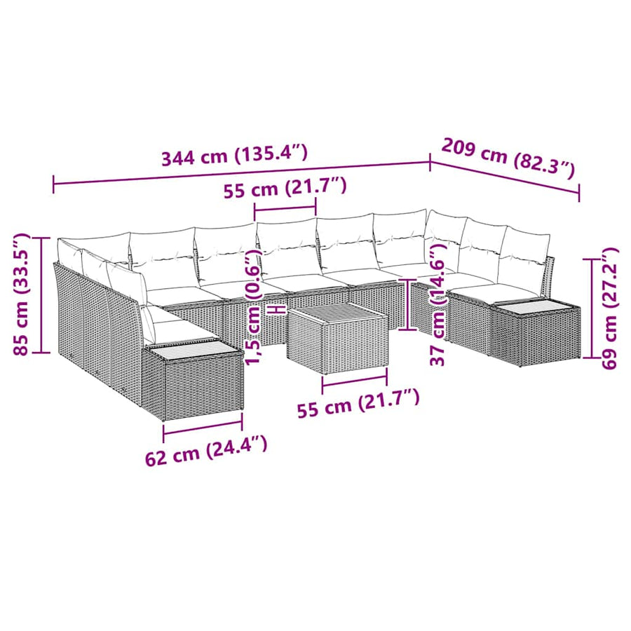 Tuinbankenset met kussen 11 pcs Beige Poly riet