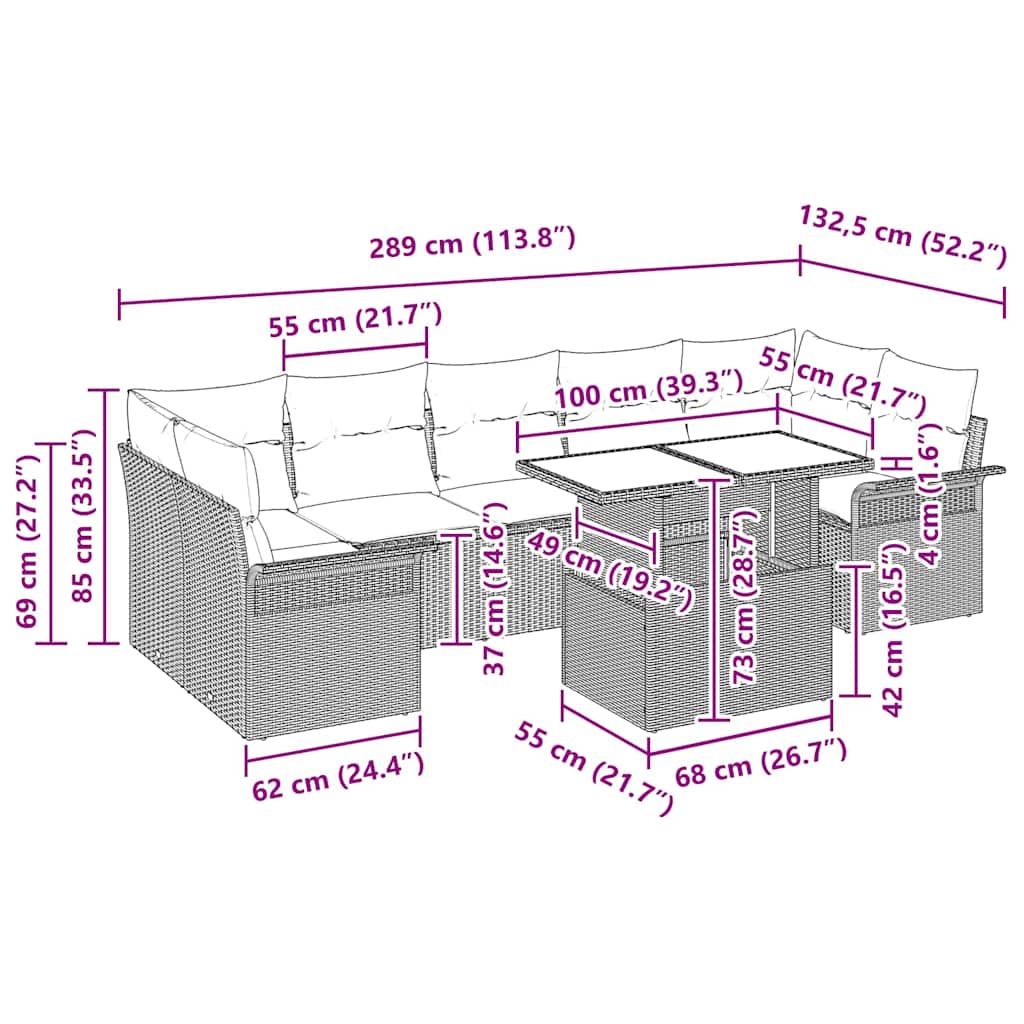 Tuin Sofa Set met kussen 8 pcs Zwart Poly riet
